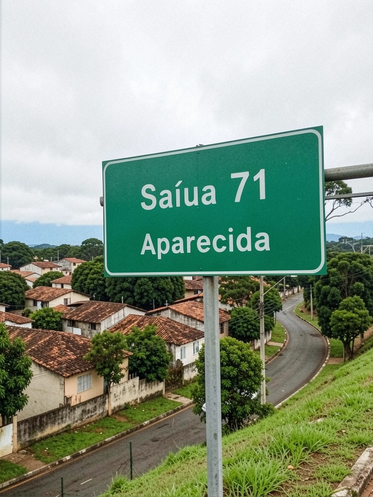 Rodovia Presidente Dutra com placa verde indicando saída 71 para Aparecida, sob céu nublado.