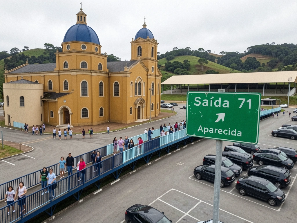 Placa de saída 71 da BR-116 indicando seta para Aparecida do Norte.
