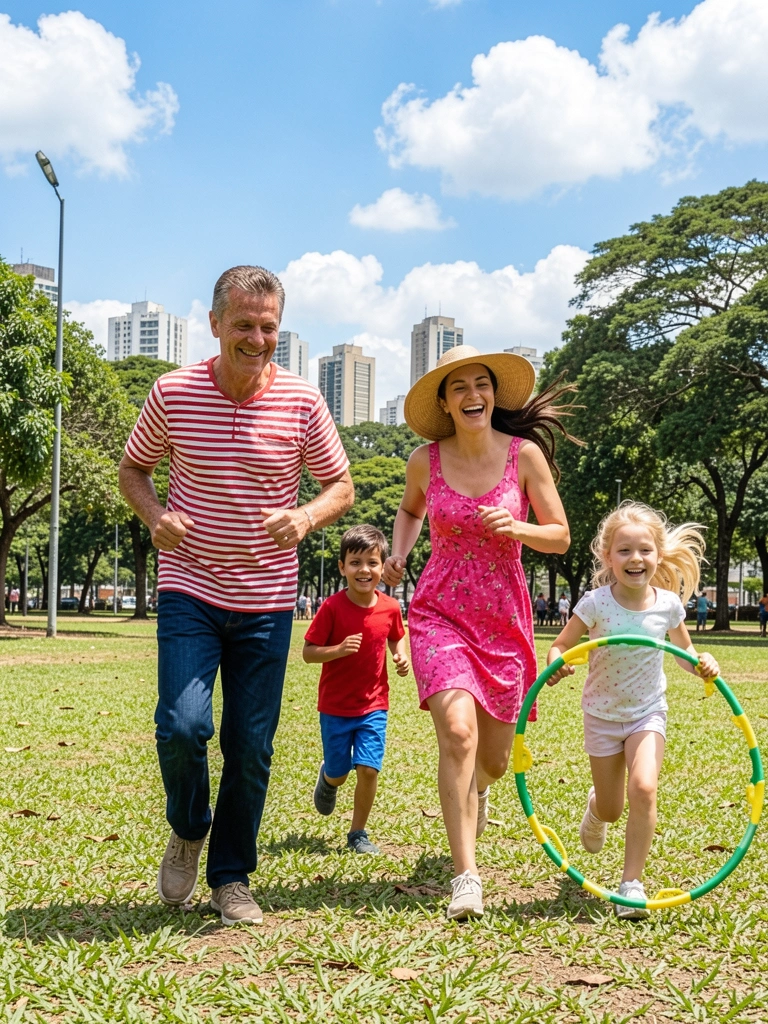 Família correndo em parque gramado com skyline de São Paulo ao fundo, dia ensolarado.