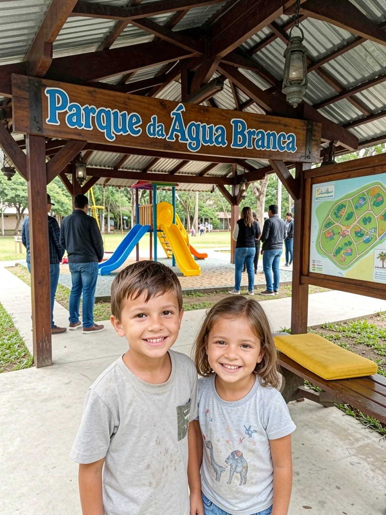 Crianças brincam em playground do Parque da Água Branca, com escorregador e balanços ao ar livre.