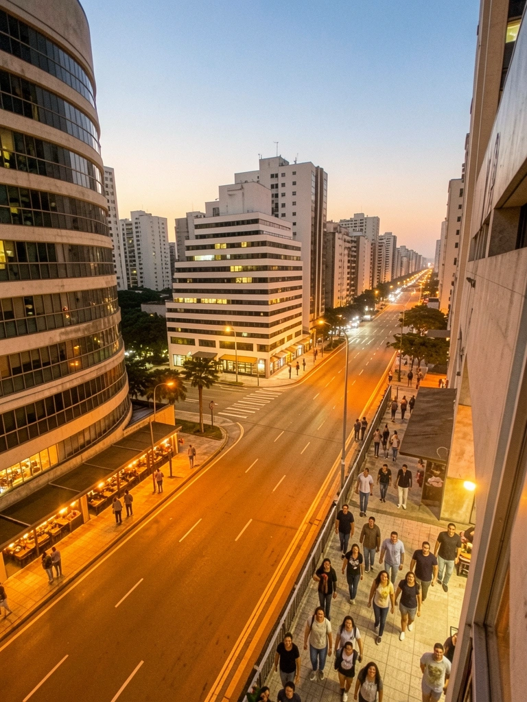 Avenida Paulista à noite, com pessoas caminhando e bares iluminados ao fundo.