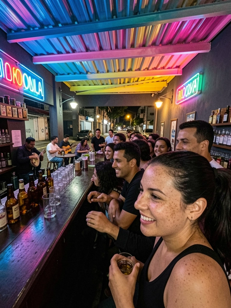 Mesas na calçada de um bar na Vila Madalena com músicos tocando ao fundo.
