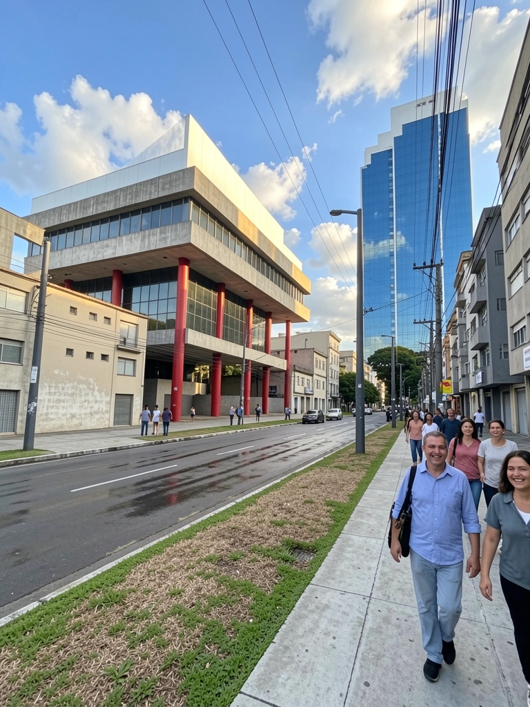 Vista do MASP na Avenida Paulista com pedestres atravessando a rua e edifícios ao fundo.