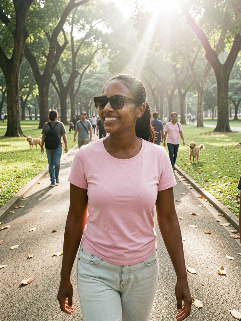Pessoas caminhando em uma alameda arborizada do Parque Ibirapuera pela manhã, com luz solar filtrada pelas árvores.
