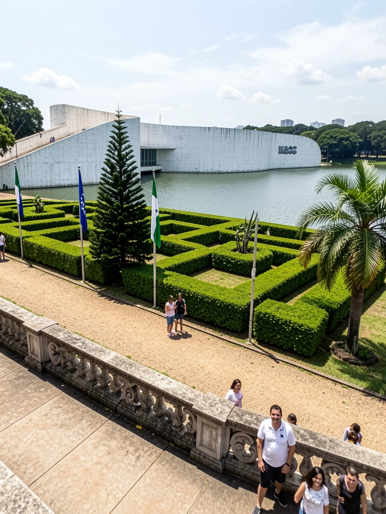 Vista aérea do Parque Ibirapuera com o lago e o Museu de Arte Contemporânea ao fundo.