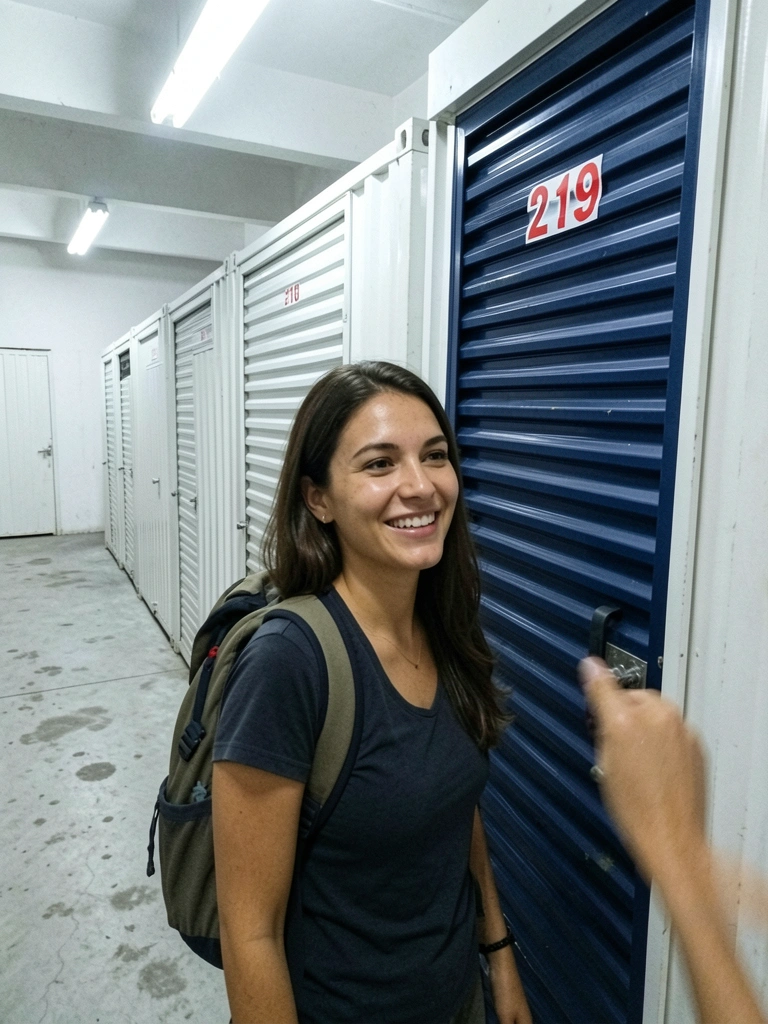 Turista com mochila nas costas em frente a um balcão de guarda-malas em São Paulo.