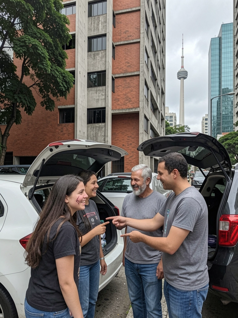 Duas malas lado a lado em um depósito, uma azul e uma preta, com prateleiras ao fundo.