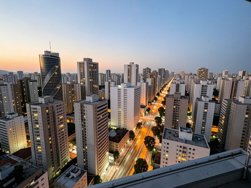 Vista panorâmica do skyline de São Paulo à noite, com arranha-céus iluminados e céu escuro.