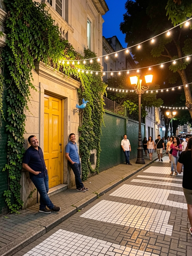 Rua movimentada em Vila Madalena à noite, com bares iluminados e pessoas nas calçadas.