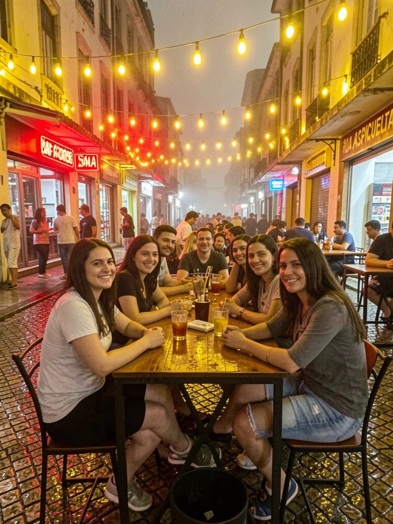 Grupo de pessoas sentadas em mesa de bar na calçada da Rua Aspicuelta, em São Paulo, à noite.