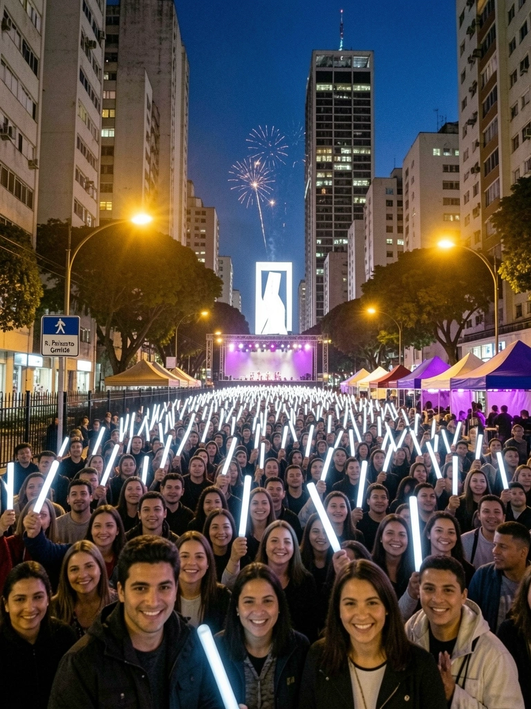 Multidão na Avenida Paulista, com palco iluminado e fogos de artifício silenciosos ao fundo.