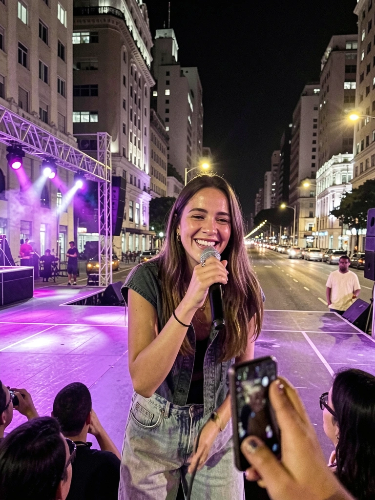 Artista canta em palco iluminado na Avenida Paulista à noite, com público ao fundo.