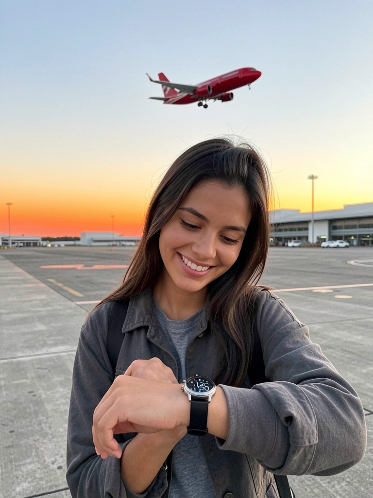 Relógio de parede marcando 11h20 com aeroporto ao fundo, mostrando movimento de pessoas e aviões.